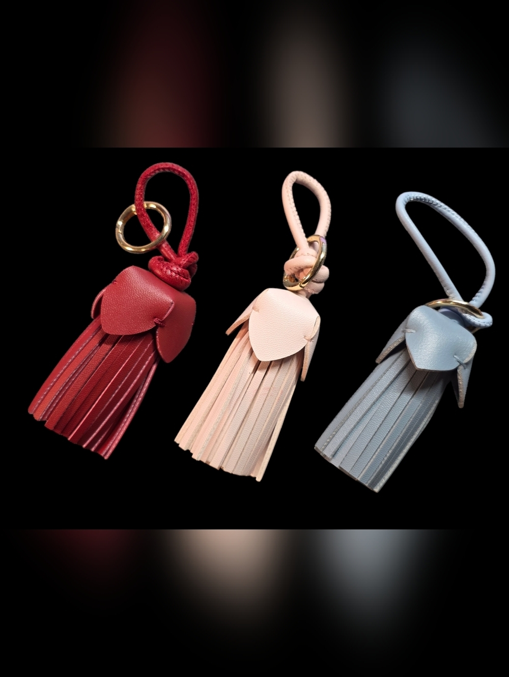 3 Pc. Vegan Leather Tassel Bag Charms Set - Red, Blush & Light Blue